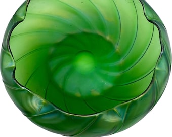 Antique Bohemian Art Glass Bowl – Loetz or Kralik Style – 8.5” Iridescent Green Swirl