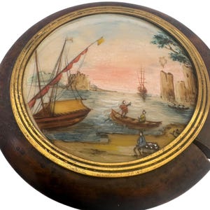Antique 19th Century Hand-Painted Burlwood Snuff Box with Harbor Scene