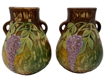 Roseville Pottery Wisteria Vases Pair | 1930s American Arts & Crafts Floral Decor