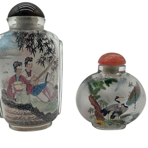 Vintage Reverse Painted Chinese Snuff Bottle Set – Cranes & Court Scene