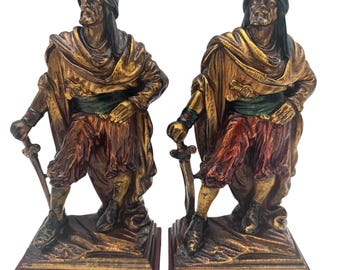 Antique Armor Bronze Pirate Bookends – Polychrome Cast Metal Figures – 9.5” Tall