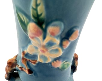 Vintage Roseville Pottery Apple Blossom Vase - 6.5” Blue Matte Finish