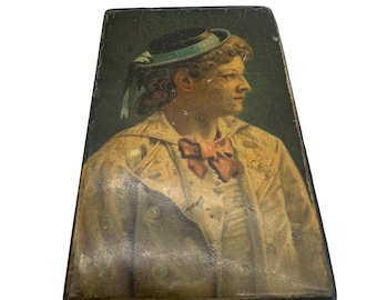 Antique French Papier-Mâché Snuff Box with Portrait of a Young Woman, c. 1850–1870