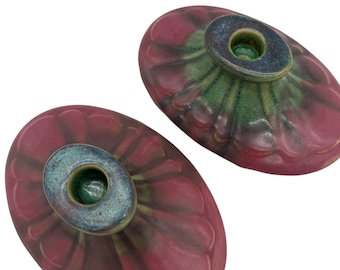 Fulper Art Deco Candlestick Holders: Mottled Rose, Green & Blue Glaze