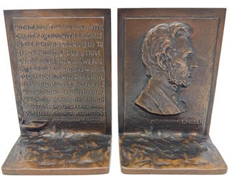 Antique Griffoul Bronze Abraham Lincoln Bookends, M. Peinlich, Second Inaugural Address, Early 20th Century