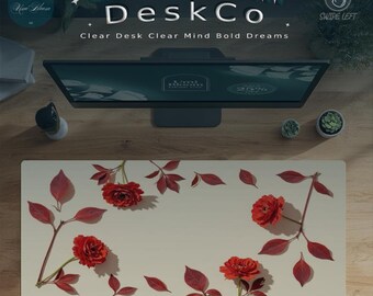 Red Rose Desk Mat: Beige Floral Mouse Pad, Romantic Home Office Decor