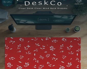Red Floral Desk Mat: Modern Botanical Mouse Pad, Stitched Edges