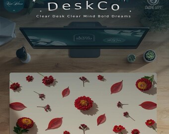 Red Floral Desk Mat: Minimalist Botanical Mouse Pad, Cream & Burgundy