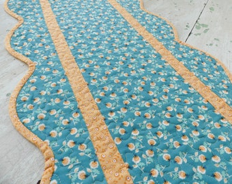 Quilted Table Runner, Blue, Floral Fabric, Scallop Edge, Farmhouse