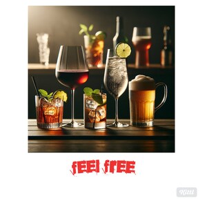 May include: A group of five different drinks in clear glasses on a wooden surface. The drinks include red wine, beer, a clear cocktail, and two mixed drinks with ice. The glasses are all different shapes and sizes. The background is a blurry image of a bar with bottles and other drinks.