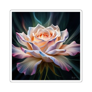 Vierkante stickers, veelkleurige roos te midden van zwarte achtergrond, vinyl, glanzend, premium, stickers laptop, stickers geschenken, stickers dagboek