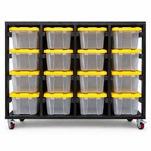 May include: A black storage unit with sixteen clear plastic storage boxes, each with a yellow lid. The unit is on wheels, with the boxes arranged in four rows of four. Suitable for organizing and storing items.
