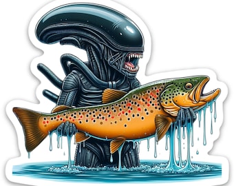 Alien Holding a Brown Trout Sticker