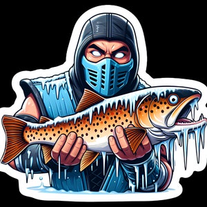May include: A blue and black character wearing a mask holds a brown and orange fish with icicles hanging from it. The character is wearing a blue and white outfit with a black belt.