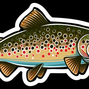 May include: A cartoon illustration of a brown trout fish with white, red, and black spots. The fish is outlined in white and has a white background.