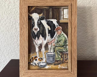 Original oil painting rancher milking dairy cow calico cat drinking milk signed framed 4x6