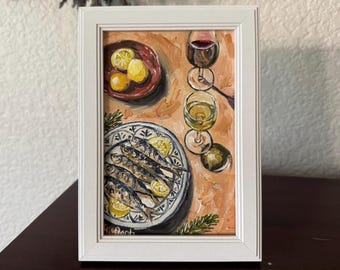 Original oil painting still life sardines fish wine dining table kitchen art signed frame 4x6