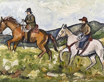 Original oil painting western cowboy horses landscape stretch canvas signed 5x7
