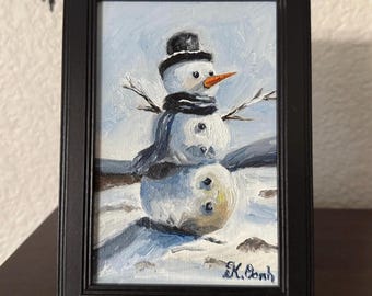 Original oil painting snowman Christmas winter landscape signed framed 4x6