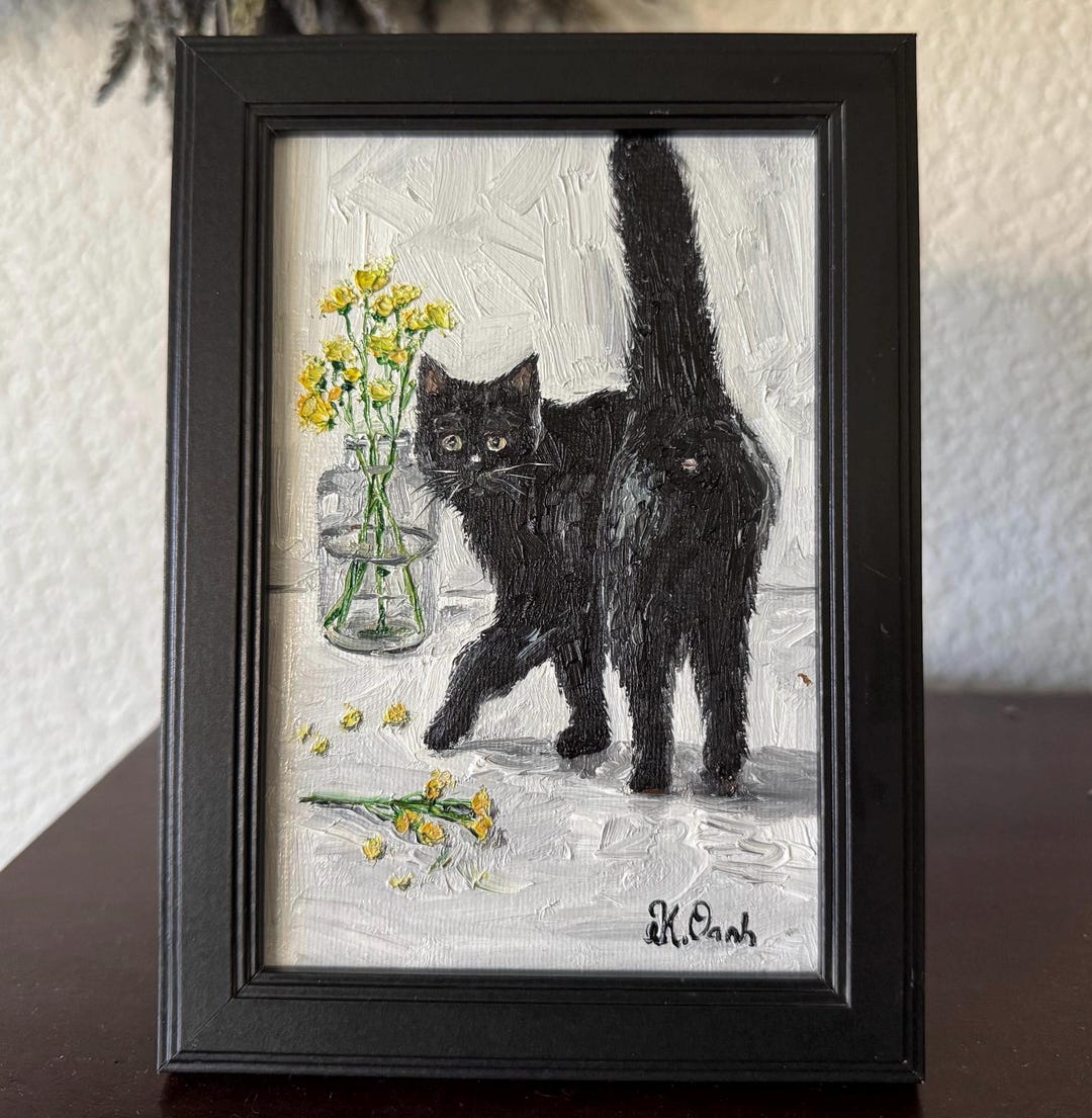 Original Oil Painting Black Cat Flower Vase Signed Framed 4x6 - Etsy
