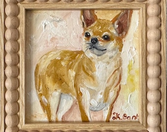 Original oil painting chihuahua dog portrait signed framed 4x4