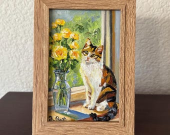 Original oil painting calico cat next to flower vase signed framed 4x6