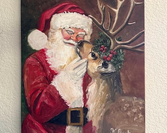 Original oil painting Santa clause reindeer Christmas winter on stretch canvas signed 16x24