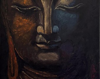 Original oil painting Buddha portrait on stretch canvas signed 16x20