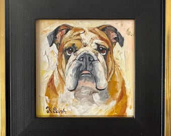 Original oil painting English Bulldog portrait signed framed 4x4
