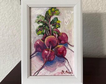 Original oil painting still life a bunch of beetroots kitchen art signed framed 4x6