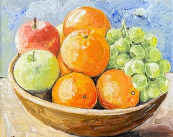 Original oil painting vibrant still life fruits oranges apple grapes kitchen art stretch canvas signed 6x6