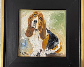 Original oil painting basset hound dog portrait signed framed 4x4