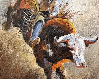 Original oil painting western cowboy bull rider rodeo stretch canvas signed 5x7