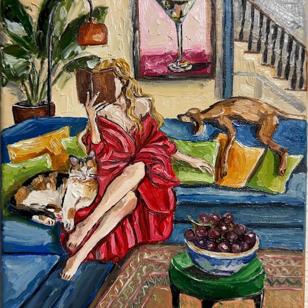 Original oil painting a woman reading book on the couch with her pets dog & calico cat indoor scene on stretch canvas signed 8x10