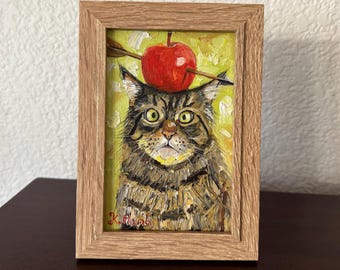 Original oil painting silly tabby cat & targeted red apple signed framed 4x6