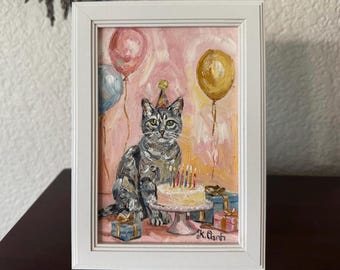 Original oil painting tabby cat birthday party birthday cake signed framed 4x6