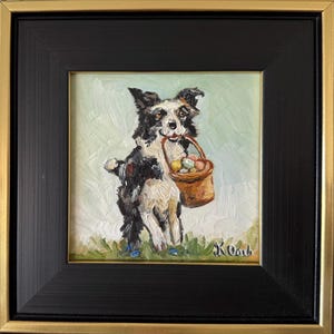 Original oil painting Border Collie carrying Easter eggs basket dog portrait signed framed 4x4