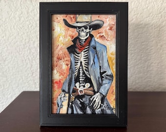 Original oil painting cowboy skeleton Halloween signed framed 4x6