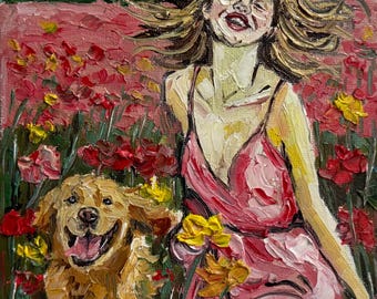 Original oil painting a woman & her dog golden Labrador retriever in the flower field signed 6x8