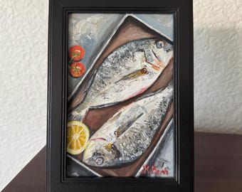 Original oil painting still life fish kitchen art signed framed 4x6