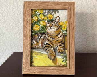 Original oil painting tabby cat sunbathing signed framed 4x6