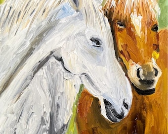 Original oil painting horses portrait stretch canvas signed 6x6