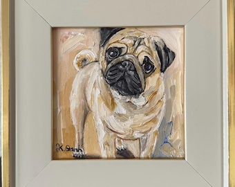 Original oil painting pug dog portrait signed framed 4x4