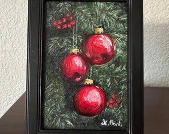 Original oil painting still life Christmas ornaments winter landscape holiday decor signed framed 4x6