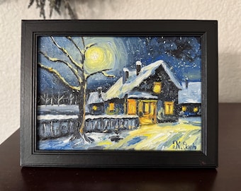 Original oil painting winter landscape signed framed 5x7