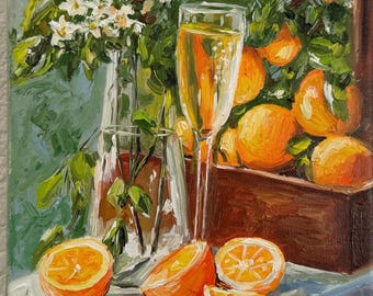 Original oil painting still life oranges fruits kitchen art stretch canvas signed 8x10