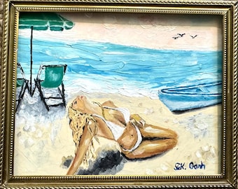Original oil painting bikini women on the beach landscape seascape signed framed 4x5