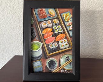 Original oil painting still life sushi plate on table kitchen art signed framed 4x6