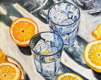 Original oil painting still life oranges lemons glassware on dining table stretch canvas signed 8x10
