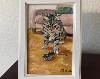 Original oil painting tabby cat & mouse indoor scene signed framed 4x6